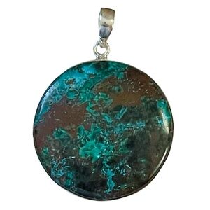 Vintage Marked 925 Sterling Silver And Chrysocolla Malachite Round Pendant